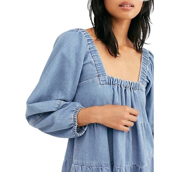 Free People Denim Babydoll Dress Women XS Light Blue Square Neck Balloon Sleeves - Picture 5 of 16
